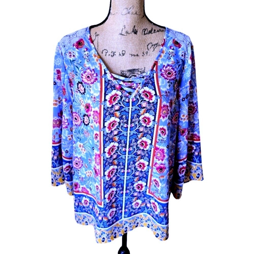 Zac & Rachel Blue Floral Lace Back Bell Sleeve Blouse XL Strappy V-Neck Boho Top